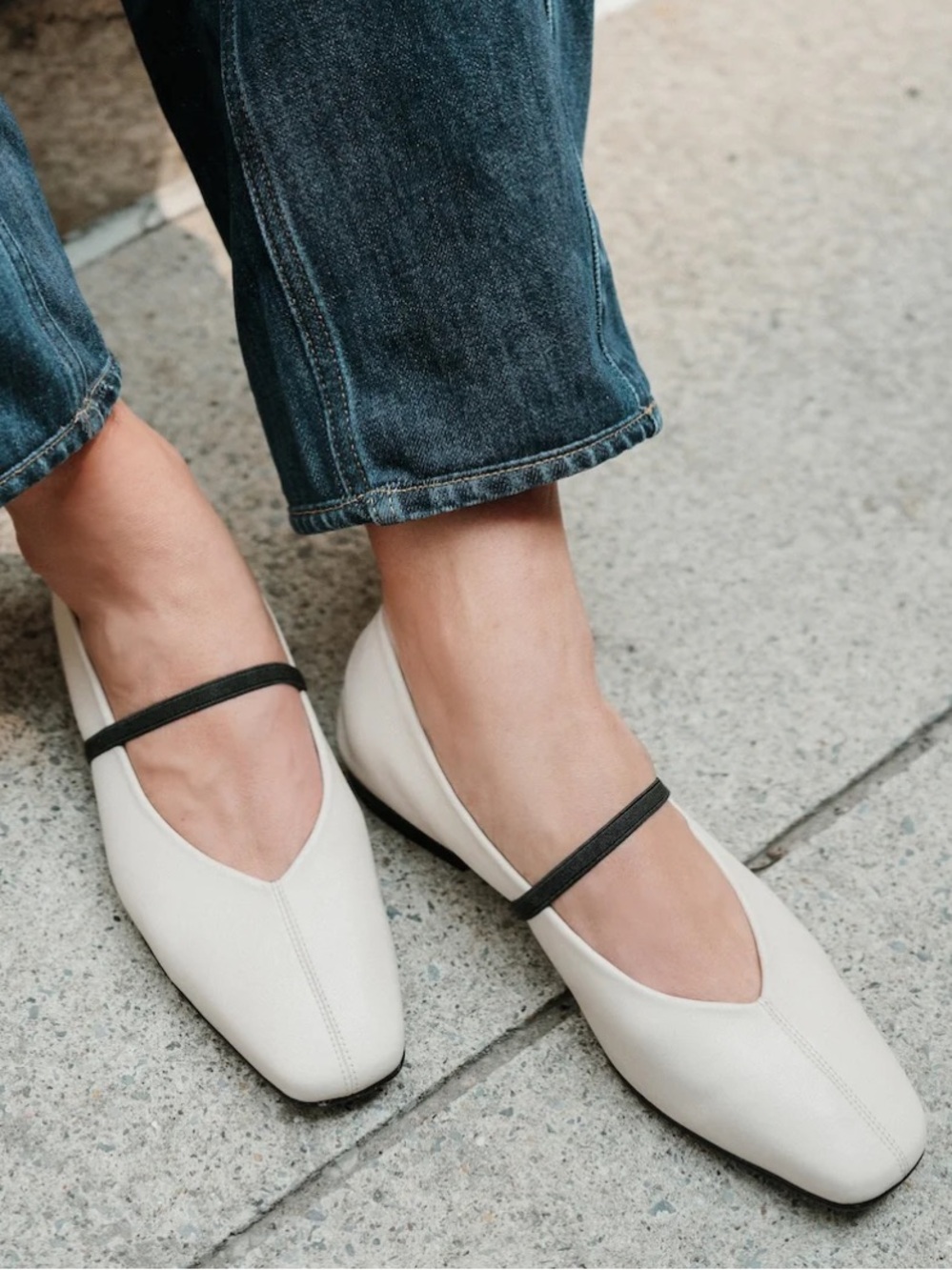 Margaux Bone Napa Leather Phoebe Mary Jane Flats with Black Strap